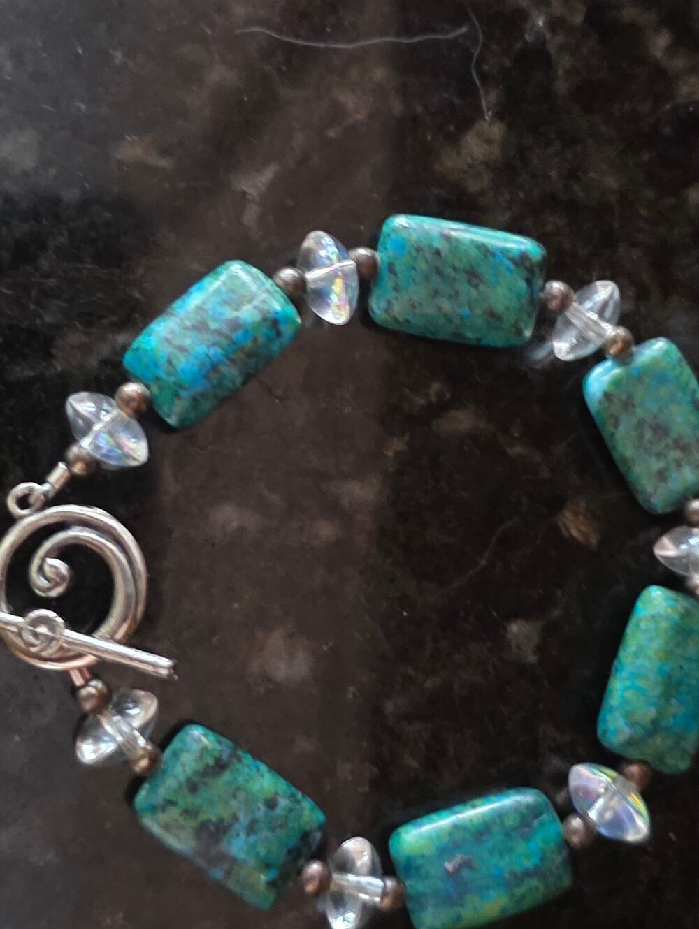 Natural Chrysocolla Handmade Bracelet Clear& Brown Spacer Beads Toggle Clasp
